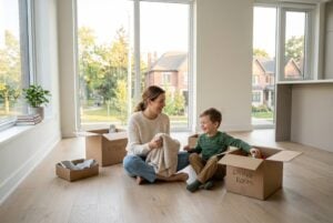 A happy mother and young child playing in a sunlit new home in Ontario, symbolizing a successful and legally sound relocation after separation.