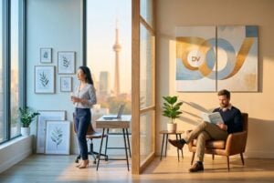 Abstract lifestyle photography of a separated couple living independently and happily in a bright Toronto high-rise, symbolizing the clarity provided by a separation agreement.