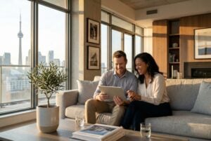A happy couple planning their future in a sunlit Toronto home, representing the peace of mind provided by an Ontario marriage contract and asset protection.